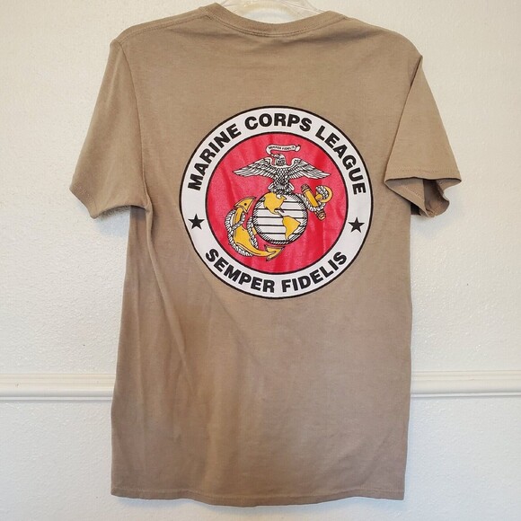 US Marine Corps T-Shirt Semper Fidelis Cream Front And Back Print Seal Size S - Picture 1 of 12